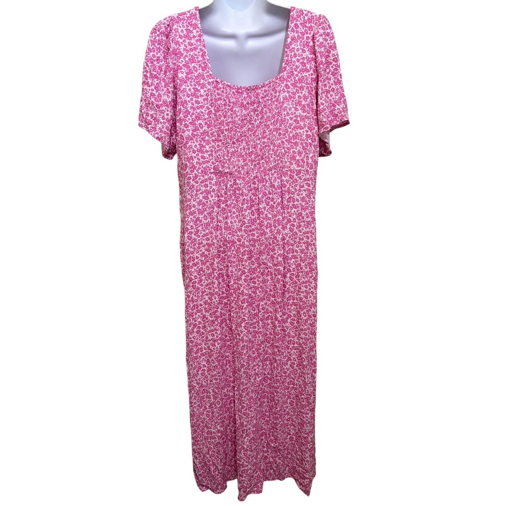 Ditzy Floral Midi Dress Pink White Button Down Front Smocked Back Boho Cottage - Picture 4 of 12